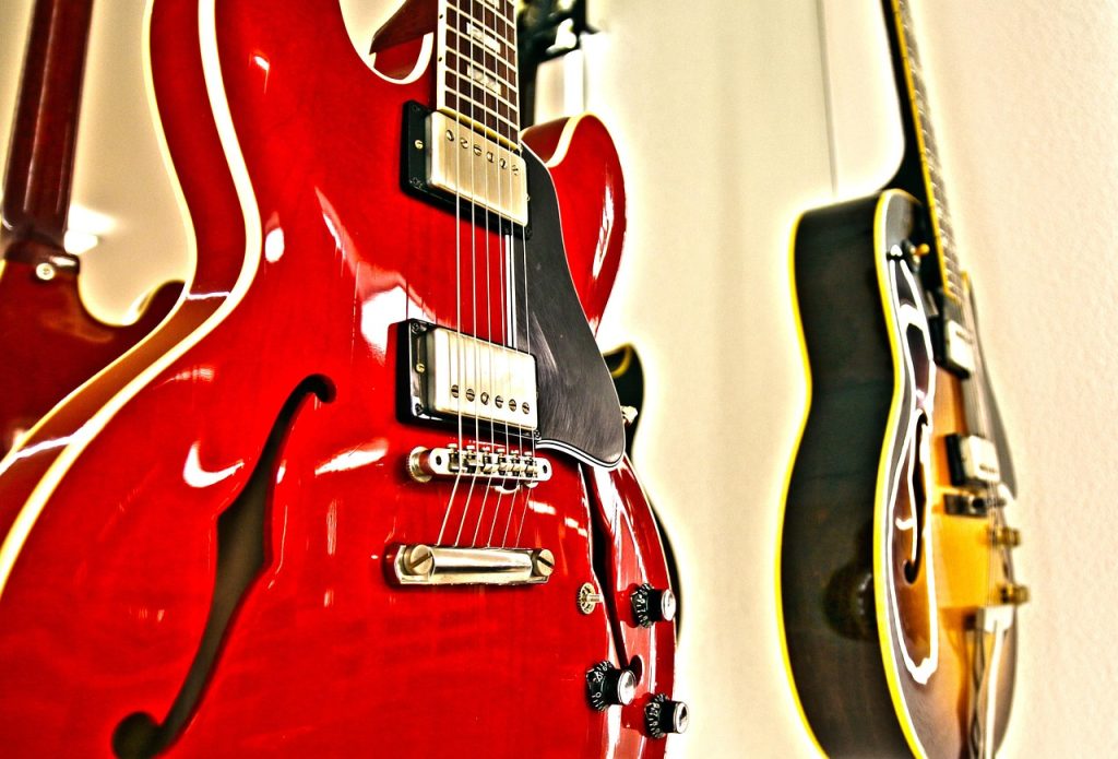 electric guitars, gibson, lespauls, guitar, music, instrument, electric, strings, red, sound body, golden yellow, close up, gibson, gibson, gibson, gibson, gibson