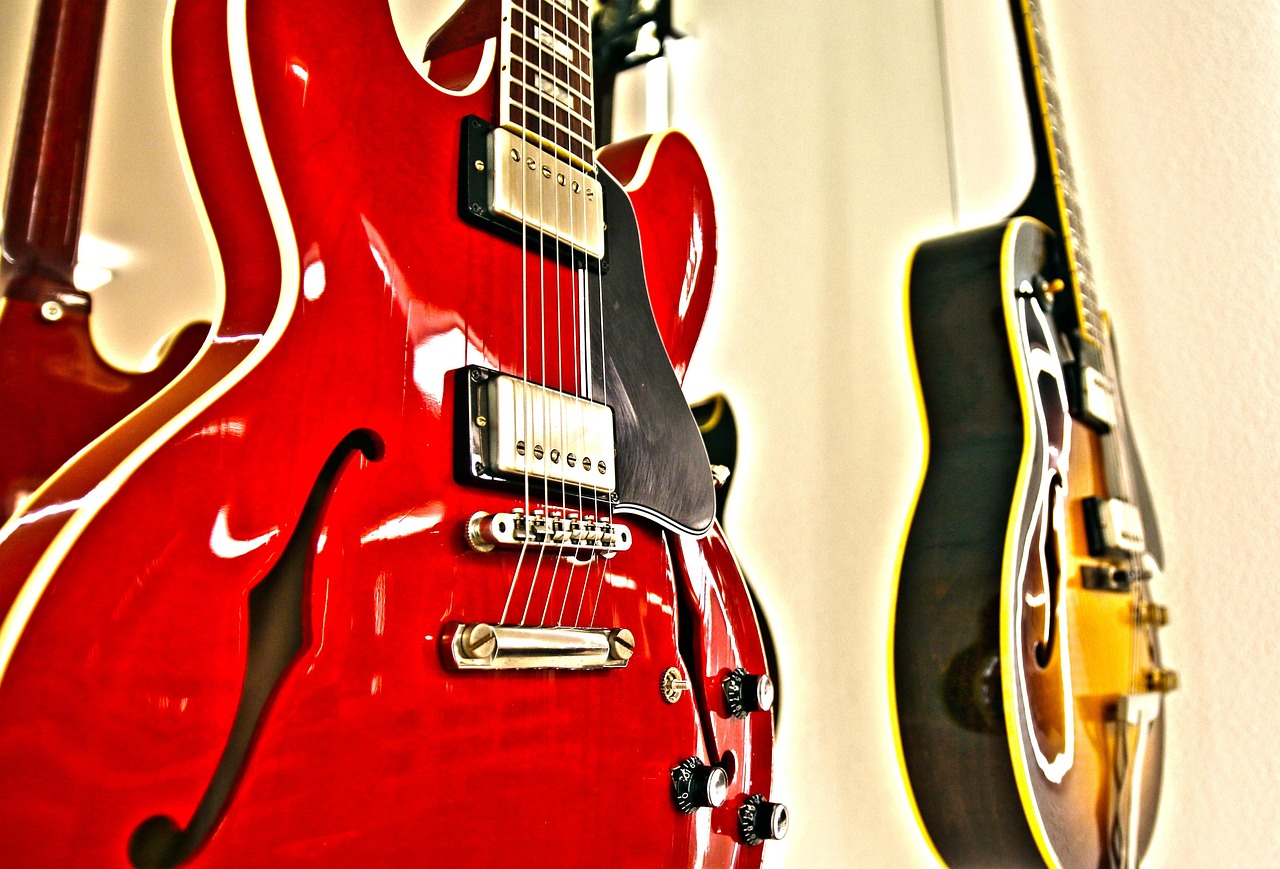 electric guitars, gibson, lespauls, guitar, music, instrument, electric, strings, red, sound body, golden yellow, close up, gibson, gibson, gibson, gibson, gibson